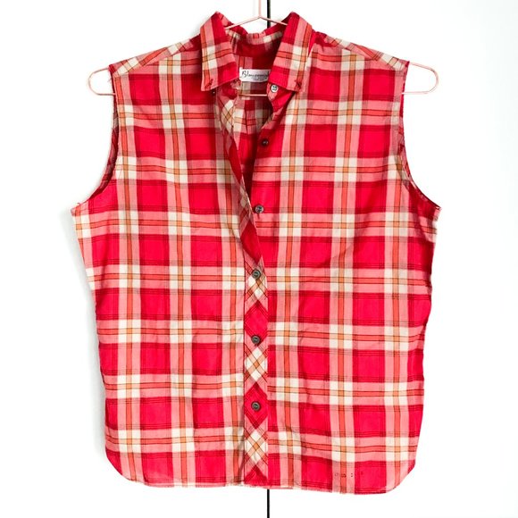 vintage sleeveless plaid button up red top/collar - Picture 4 of 7